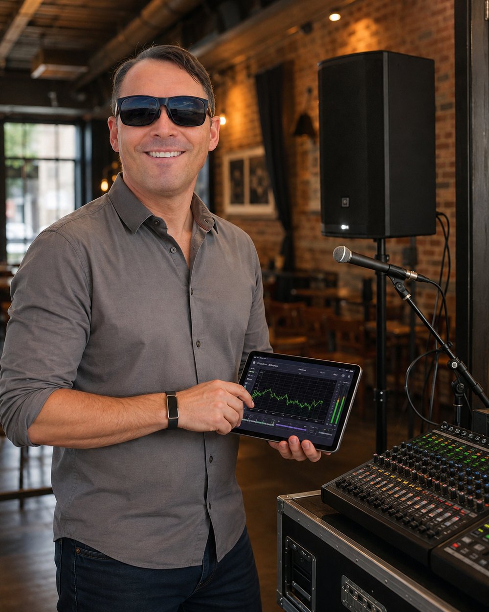 Dan Pennington tuning a live sound system with a tablet in a professional venue